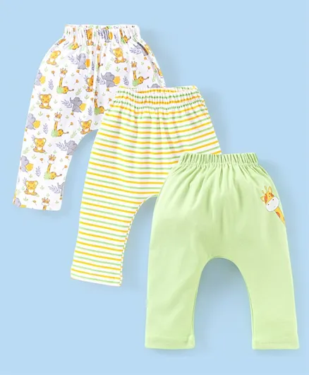 Babyhug Cotton Knit Full Length Striped Diaper Leggings Elephant Print - White Yellow & Green