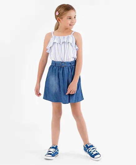 Ollington St. Woven Full Sleeves Striped Top and Elasticated Knee Length Denim Pleated Skorts with Self Fabric Belt- White & Indigo