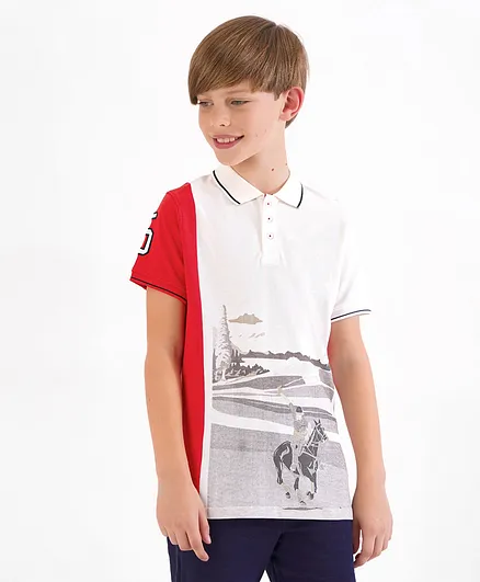 Primo Gino 100% Cotton Half Sleeves Color Blocked Polo T-Shirt Scenery Print - OffWhite
