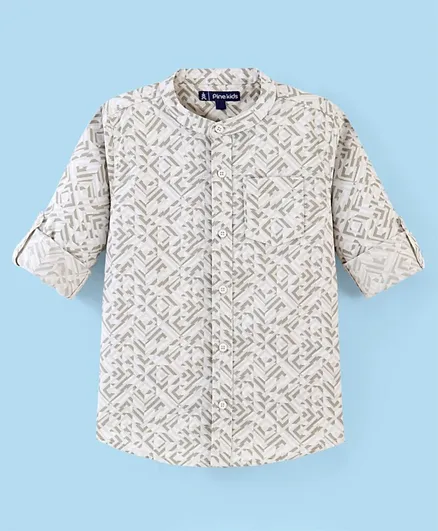 قميص باين كيدز بأكمام كاملة من القطن ذو ملمس ناعم مطبوع بنقوشات أستراكت مع إمكانية طي الأكمام - أبيض