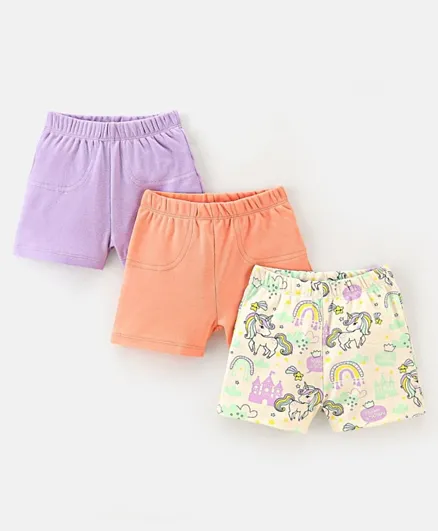 Bonfino 100% Cotton Knit Above Knee Length Shorts Unicorn Print Pack of 3 - Lilac Ivory & Orange