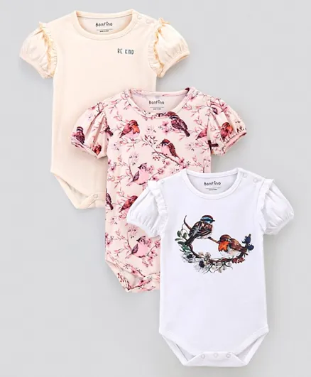 Bonfino 100% Cotton Knit Puff Sleeves Onesies Birds Print Pack of 3 - Pink Ivory & Peach