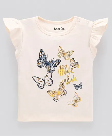 Bonfino 100% Cotton Knit Half Sleeves T-Shirt Butterfly Print - Peach