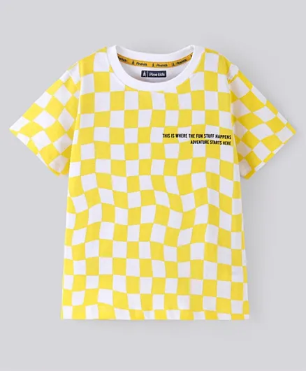 Pine Kids 100% Cotton Half Sleeves Bio Washed Checked T-Shirt Text Print - White Yellow