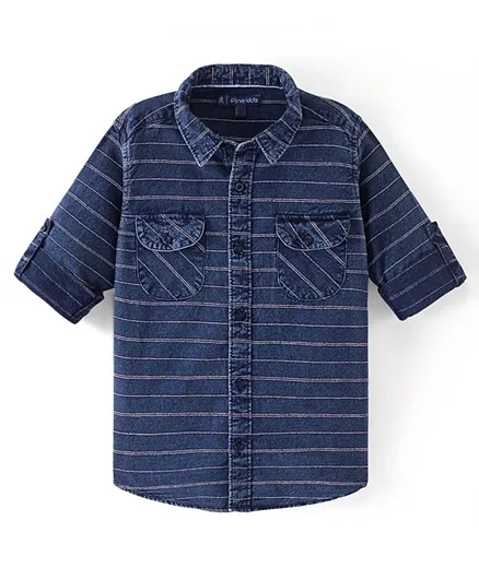 باين كيدز قميص مخطط بأكمام طويلة من القطن الناعم - أزرق