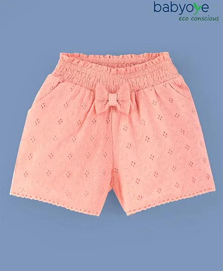 Babyoye Eco Conscious Cotton Knee Length Schiffly Shorts with Bow Applique - Peach