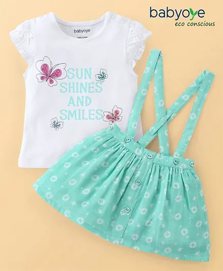 Babyoye Eco Conscious Cotton with Eco Giva Finsh Printed Cap Sleeves Top & Skirt Set - Green
