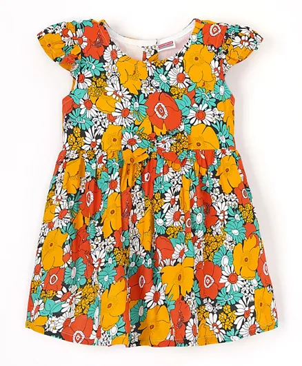 Babyhug 100% Rayon Cap Sleeves Frock With Bow Floral Print - Red & Orange