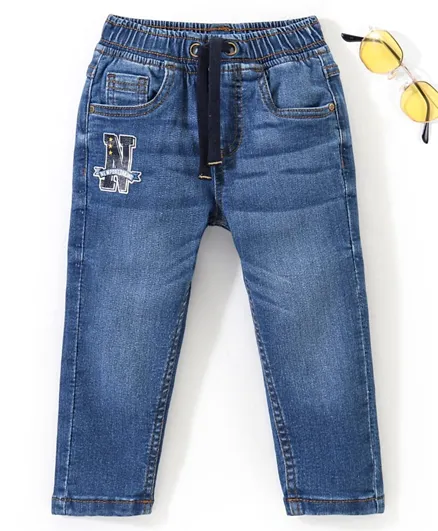 بيبي هاغ جينز دينم قطني مطاطي بطول كامل مع طباعة نصية - أزرق