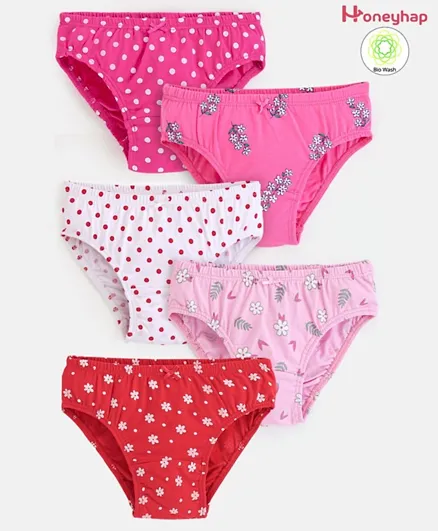 Honeyhap Premium Cotton Elastane Stretchable Hipster Panties with Silvadur Antimicrobial Finish Polka Dot & Floral Print Pack of 5 - Pink & Red