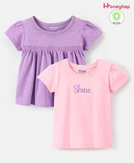 Honeyhap Premium 100% Cotton Half Sleeves T-Shirt with Bio Finish Text Embroidered Pack of 2 - Purple & Pink