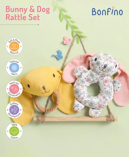 Bonfino Bunny & Dog Rattles Yellow Grey - Pack Of 2