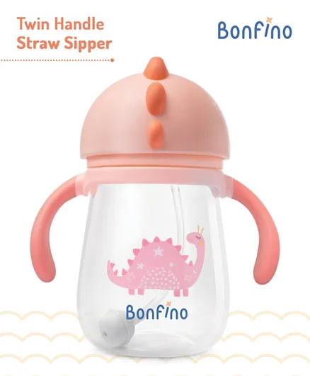 Bonfino Dino Print Straw Sipper Cup Pink - 240mL