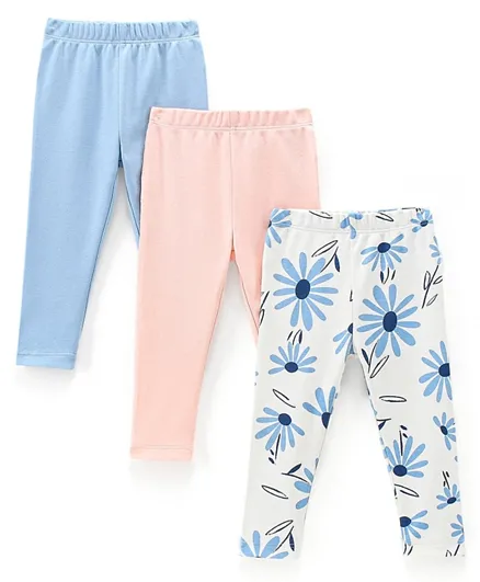 Bonfino Cotton Knit Ankle Length Leggings Solid & Floral Print Pack of 3 - Pink Blue & White