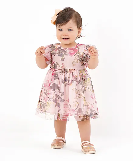 Bonfino Woven Short Sleeves Party Frock Floral Print - Pink