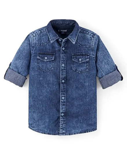 Pine Kids 100% Cotton Woven Full Sleeves Washed Denim Shirt with Double Flap Pocket - Blue