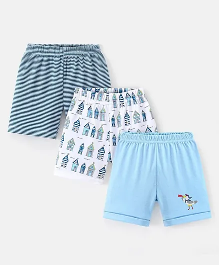 Bonfino 100% Cotton Above Mid Thigh Length Shorts Pack of 3 House Print - Blue Ivory Navy