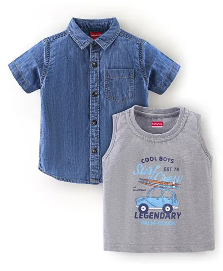 Babyhug 100% Cotton Half Sleeves Denim One Pocket Solid Shirt With A T-Shirt Car Print- Blue & Grey