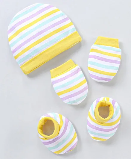 Babyhug 100% Cotton Striped Cap Mittens & Booties Print- Yellow & Blue
