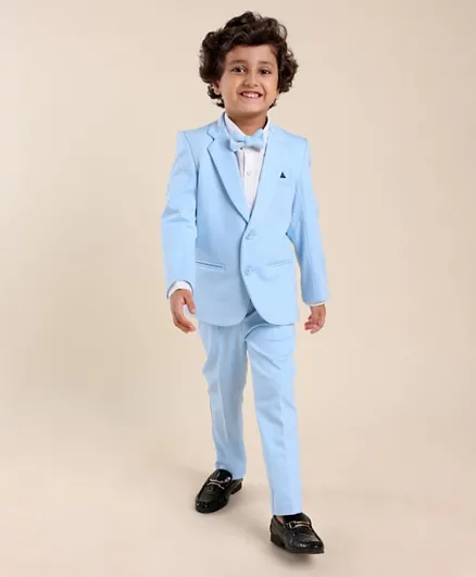 Babyhug Woven Full Sleeves Solid Stretch Fit Party Suit with Bow Tie - Sky Blue