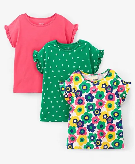 Primo Gino 100% Cotton Extended Half Sleeves T-Shirts Floral & Polka Dot Print Pack Of 3- Green & Pink