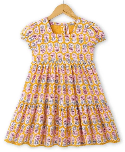 بيبي هاغ فستان إيثنيك بأكمام قصيرة من القطن 100% مزين بطباعة الفواكه - أصفر