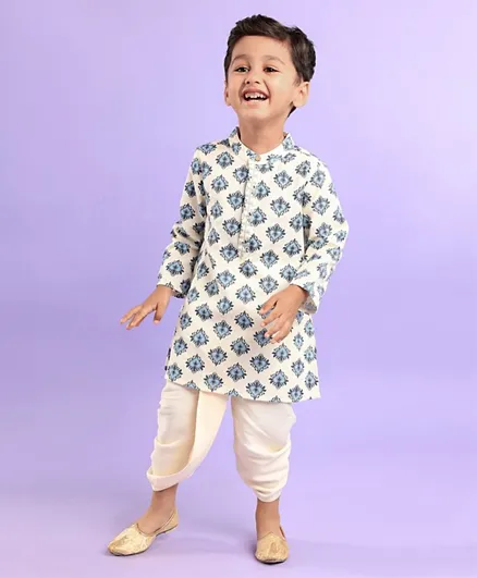 Babyhug 100% Cotton Full Sleeves Kurta & Dhoti Set Floral Embroidery & Heart Print - Aqua & Offwhite