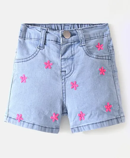 Bonfino Cotton Elastane Above Knee Length Denim Shorts With Flower Embroidery - Light Blue