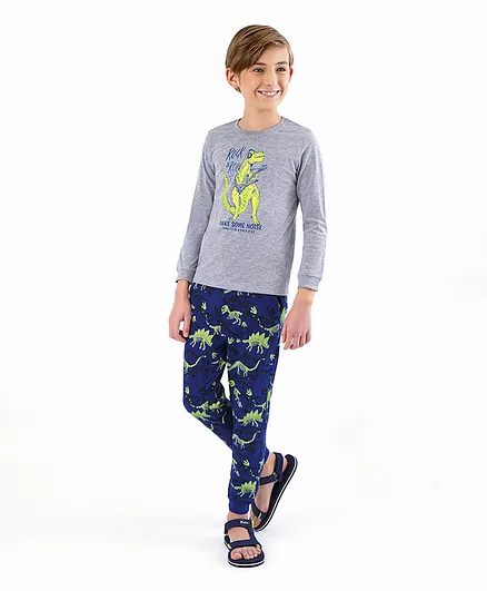 Primo Gino Cotton Full Sleeves Dino Print Night Suit - Grey Melange