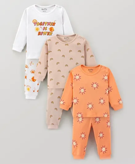 Bonfino 100% Cotton Full Sleeves Night Suit Sun & Rainbow Print Pack of 3- Orange & Peach