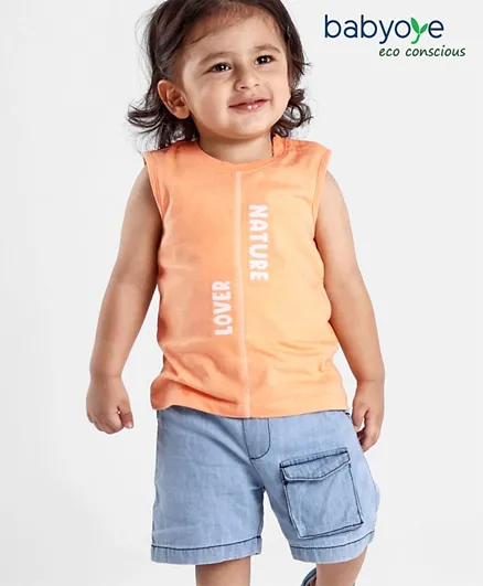 Babyoye 100% Cotton With Eco Jiva Finish Sleeveless T-Shirt & Shorts Set Text Print- Orange & Blue