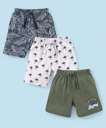 Babyhug Cotton Mid Thigh Length Shorts Palm Tree Printed Pack of 3 - Black White & Green