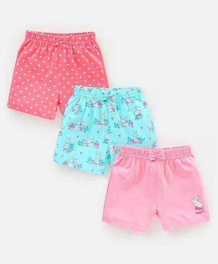 Babyhug Cotton Knit Mid Thigh Polka Dotted Shorts Rabbit Printed Pack of 3 - Red Pink & Blue
