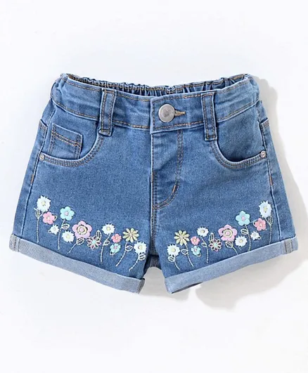 Babyhug Cotton Stretched Mid Thigh Length Floral Embroidery Shorts  - Blue