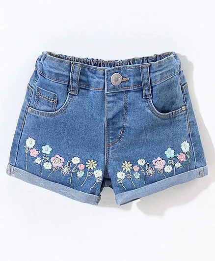 Babyhug Cotton Stretched Mid Thigh Length Floral Embroidery Shorts - Blue