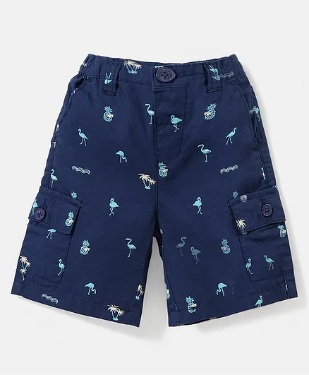 Babyhug 100% Cotton Woven Knee Length Bermuda Flamingos Print - Navy Blue