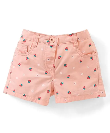 Babyhug Cotton Mid Thigh  Stretchable Shorts Strawberry Print - Peach