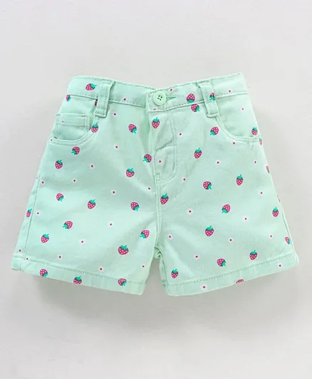 Babyhug Cotton Mid Thigh  Stretchable Shorts Strawberry Print - Mint