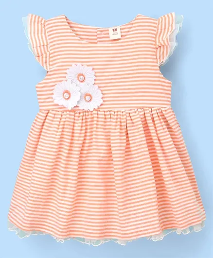 ToffyHouse Frill Sleeves Frock Striped Pattern with Floral Applique - Orange
