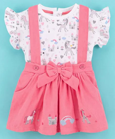 ToffyHouse Half Sleeves Top & Corduroy Skirt with Suspenders Unicorn Print & Embroidery - White & Pink