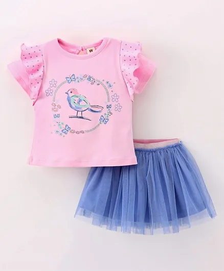 ToffyHouse Half Sleeves Top & Skirt Set Bird Print - Pink & Blue