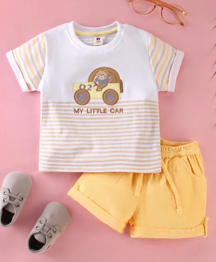 ToffyHouse Cotton Half Sleeves Striped T-Shirt & Shorts Set With Embroidery- White & Yellow
