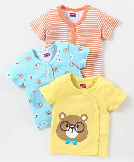 Babyhug 100% Cotton Half Sleeves Vests Bear Print Pack of 3 - Yellow Blue & Orange