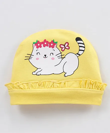 قبعة بيبي هاغ قطن الإيلاستين بطبعة قطة - أصفر