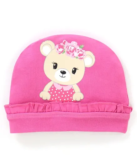 Babyhug Cotton Cap Teddy Print with Frill Detailing - Pink