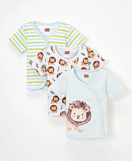Babyhug 100% Cotton Knit Half Sleeves Front Open Jhablas Stripes & Lion Print Pack of 3 - Multicolour