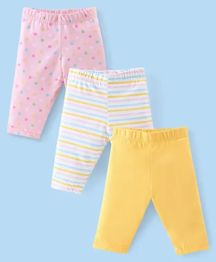 Babyhug Cotton Lycra Three Fourth Length Leggings Dot & Stripes Print Pack Of 3- Yellow & Pink