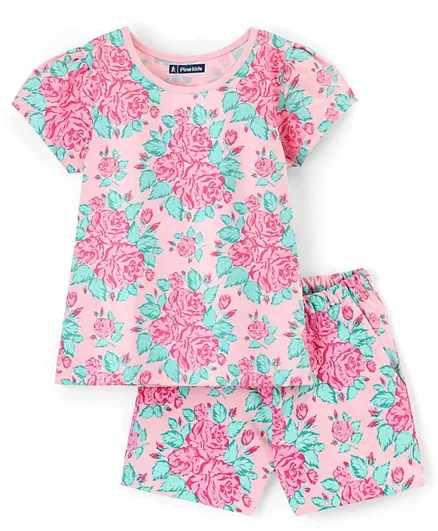 Pine Kids 100% Cotton Half Sleeves Night Suit Floral Print - Pink