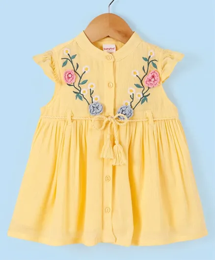 Babyhug Cotton Frill Sleeves Crinckle Crepe Woven Embroidered Frock with Corsage - Yellow