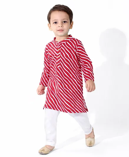 Earthy Touch 100% Cotton Knit Full Sleeves Kurta & Pajama Set Abstract Print - Red & White